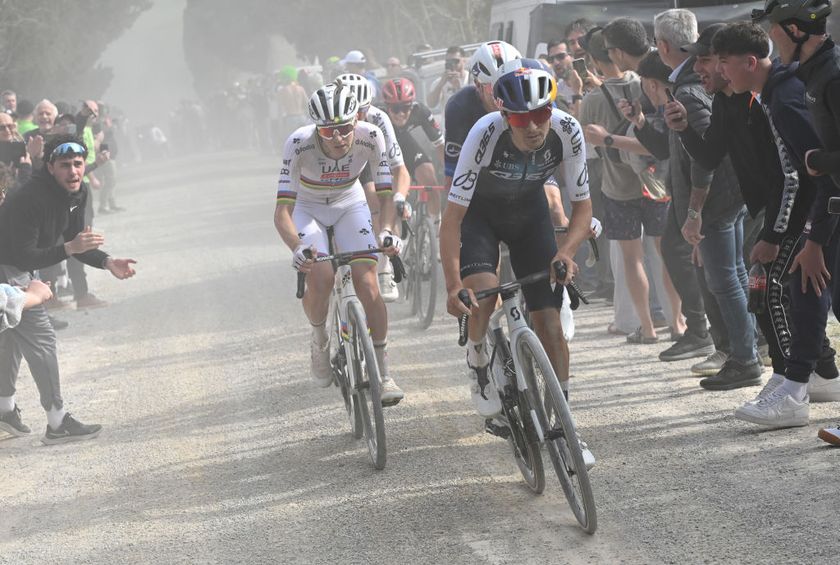 SIENA ITALY MARCH 08 LR Tadej Pogacar of Slovenia and UAE Team EmiratesXRG Lewis Askey of The United Kingdom and Team Groupama FDJ and Tom Pidcock of The United Kingdom and Q365 Pro Cycling Team compete in the breakaway while fans cheer during the 19th Strade Bianche 2025 Mens Elite a 213km one day race from Siena to Siena 320m UCIWT on March 08 2025 in Siena Italy Photo by Tim de WaeleGetty Images