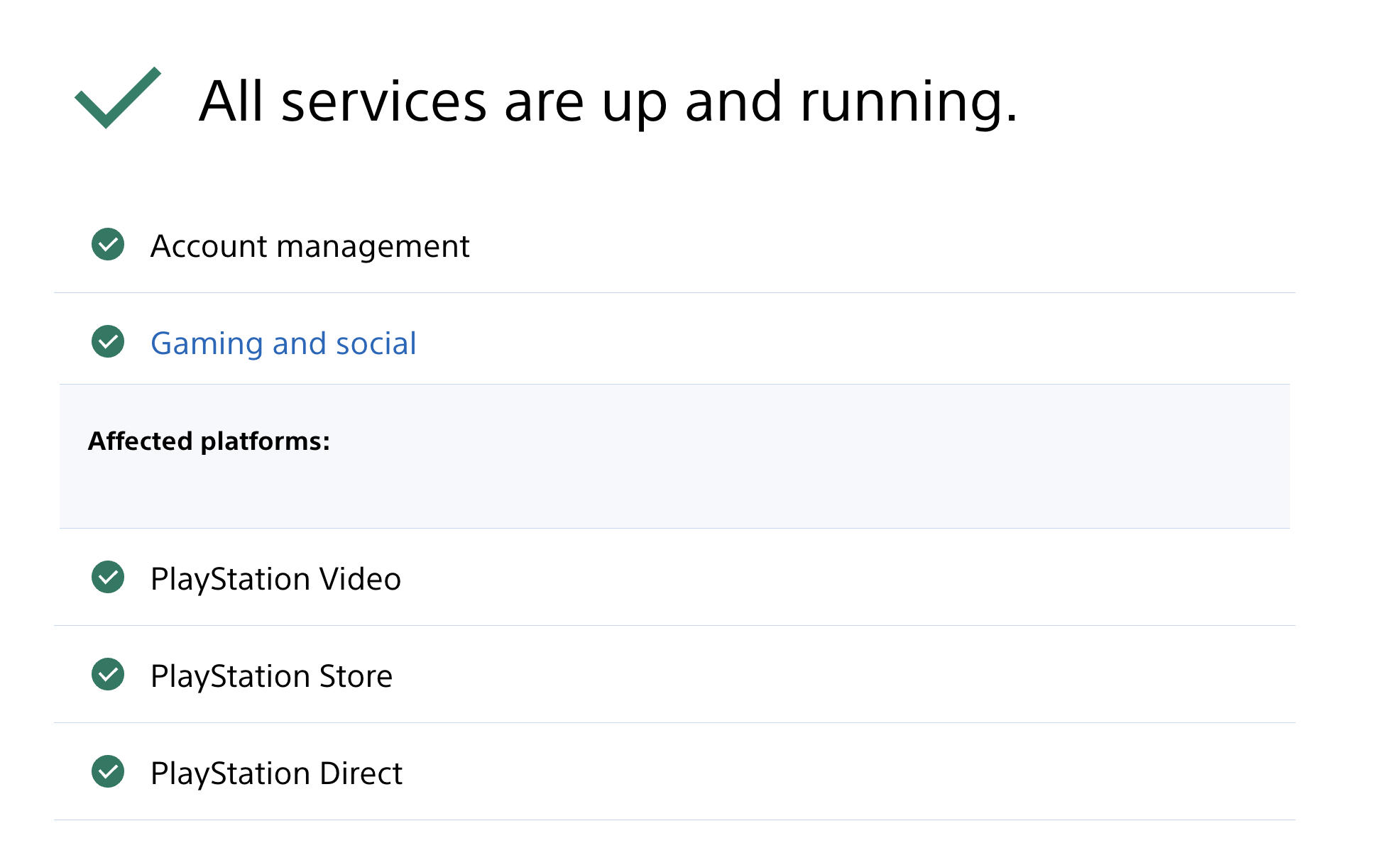 PlayStation status page saying all is well