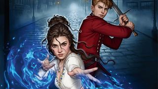 painting a book cover, a young woman and a man, one casts magic the other wields a sword