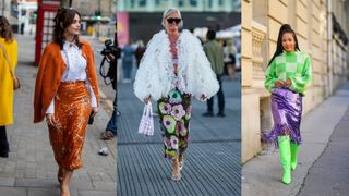 street style images of three women wearing colorful sequin skirts