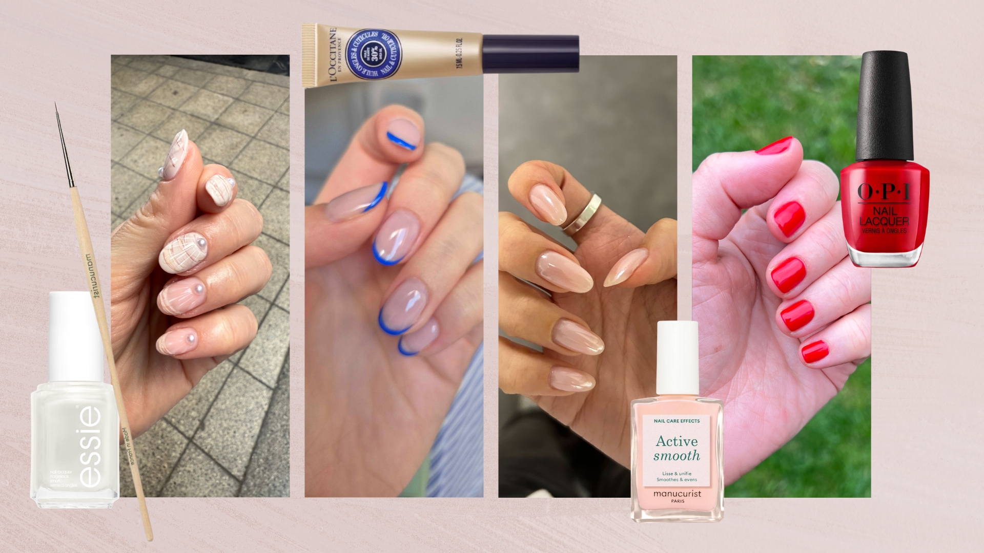 On the left, is a close-up of Contributing Beauty Editor Lucy Abbersteen's 3D shell nails, followed by Digital Beauty Writer, Naomi Jamieson's cobalt blue French tips and Digital Beauty Writer, Sennen Prickett's pearly-pink almond nails. Then finally, on the right, is a close-up of Digital Beauty Editor, Fiona McKim's bright red nails. All images are featured in a pink template and surrounded by essie, OPI and Manucurist nail polishes, as well as a nail art brush and the L'Occitane cuticle oil.