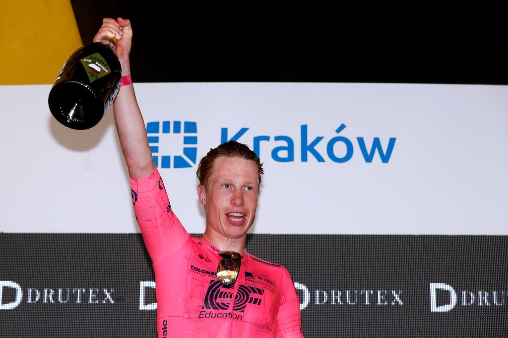 KRAKOW POLAND AUGUST 15 Julius Van Den Berg of The Netherlands and Team EF Education Nippo celebrates at podium as stage winner during the 78th Tour de Pologne 2021 Stage 7 a 145km stage from Zabrze to Krakw TourdePologne TDP2021 UCIWT on August 15 2021 in Krakow Poland Photo by Bas CzerwinskiGetty Images