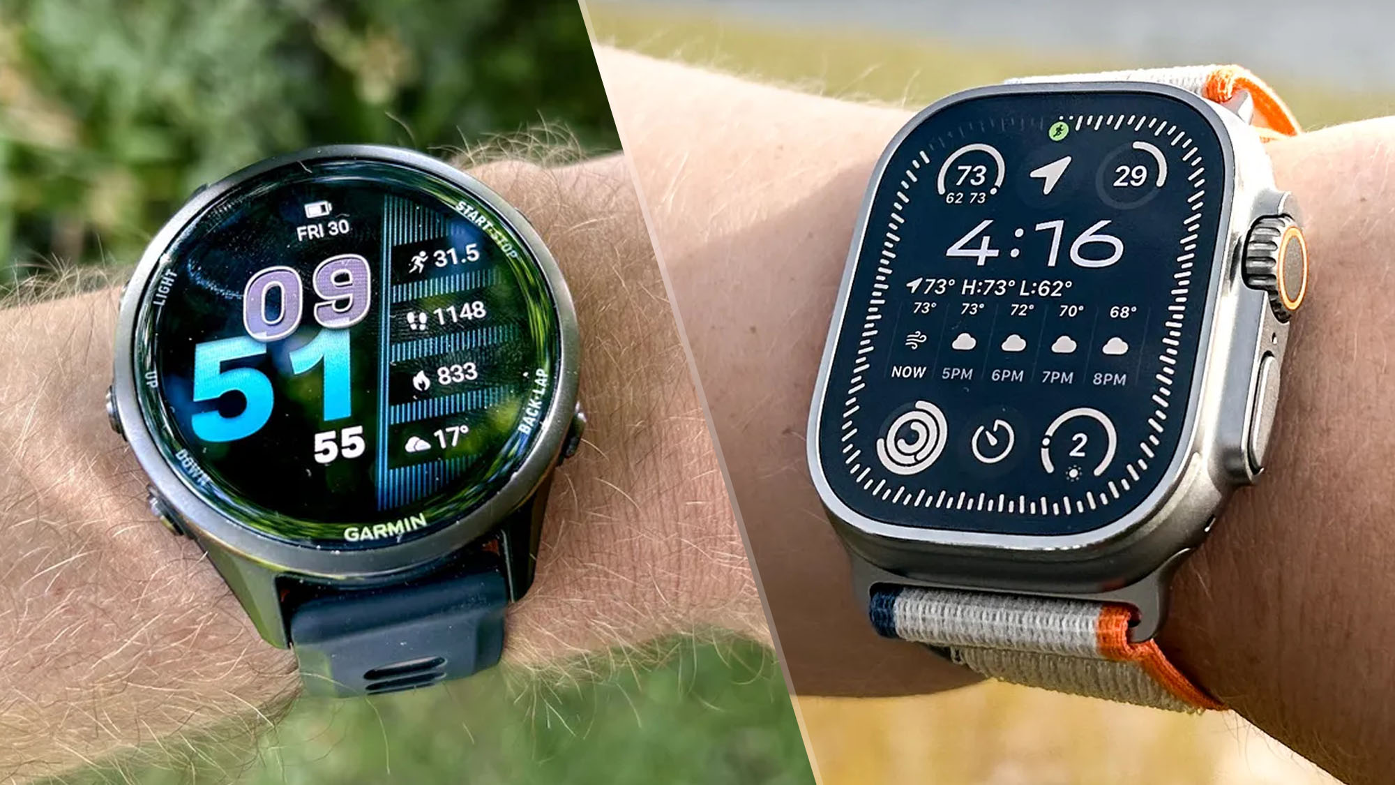 a photo of the Apple Watch Ultra 2 and the Garmin Forerunner 970