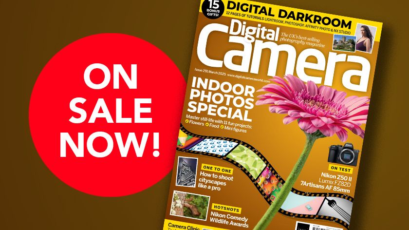 Front cover of issue 291 (March 2025) of Digital Camera magazine and a red blob that reads &#039;On sale now!&#039;