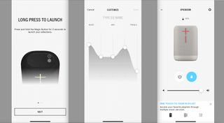 Epicboom's BOOM app, three screens on gray background
