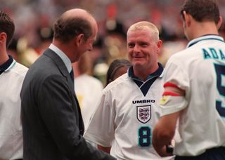 England's Paul Gascoigne meets the Duke of Kent at Euro 96