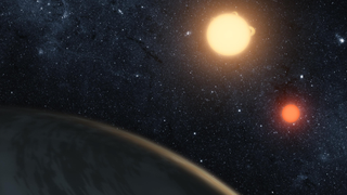 An illustration of a starry section of space with an orange orb, a yellowish orb with some loops coming off of it and a world in the foreground, mostly offscreen.