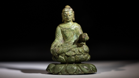 A bronze depiction of Buddha probably made in the Swat Valley, Pakistan and found in Helgo, Uppland in Sweden. 