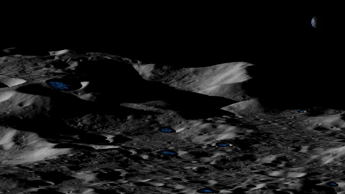 An artist&#039;s depiction of permanently shadowed craters near the moon&#039;s south pole.