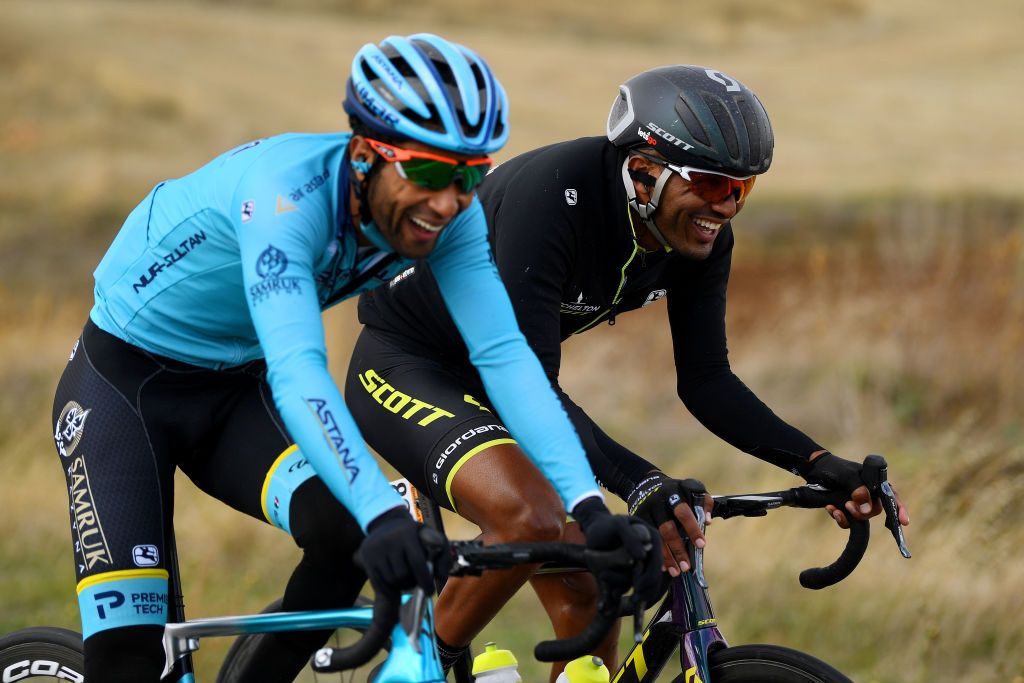EJEADELOSCABALLEROS SPAIN OCTOBER 23 Merhawi Kudus Ghebremedhin of Eritrea and Astana Pro Team Tsgabu Gebremaryam Grmay of Ethiopia and Team Mitchelton Scott during the 75th Tour of Spain 2020 Stage 4 a 1917km stage from Garray Numancia to Ejea de los Caballeros lavuelta LaVuelta20 La Vuelta on October 23 2020 in Ejea de los Caballeros Spain Photo by David RamosGetty Images