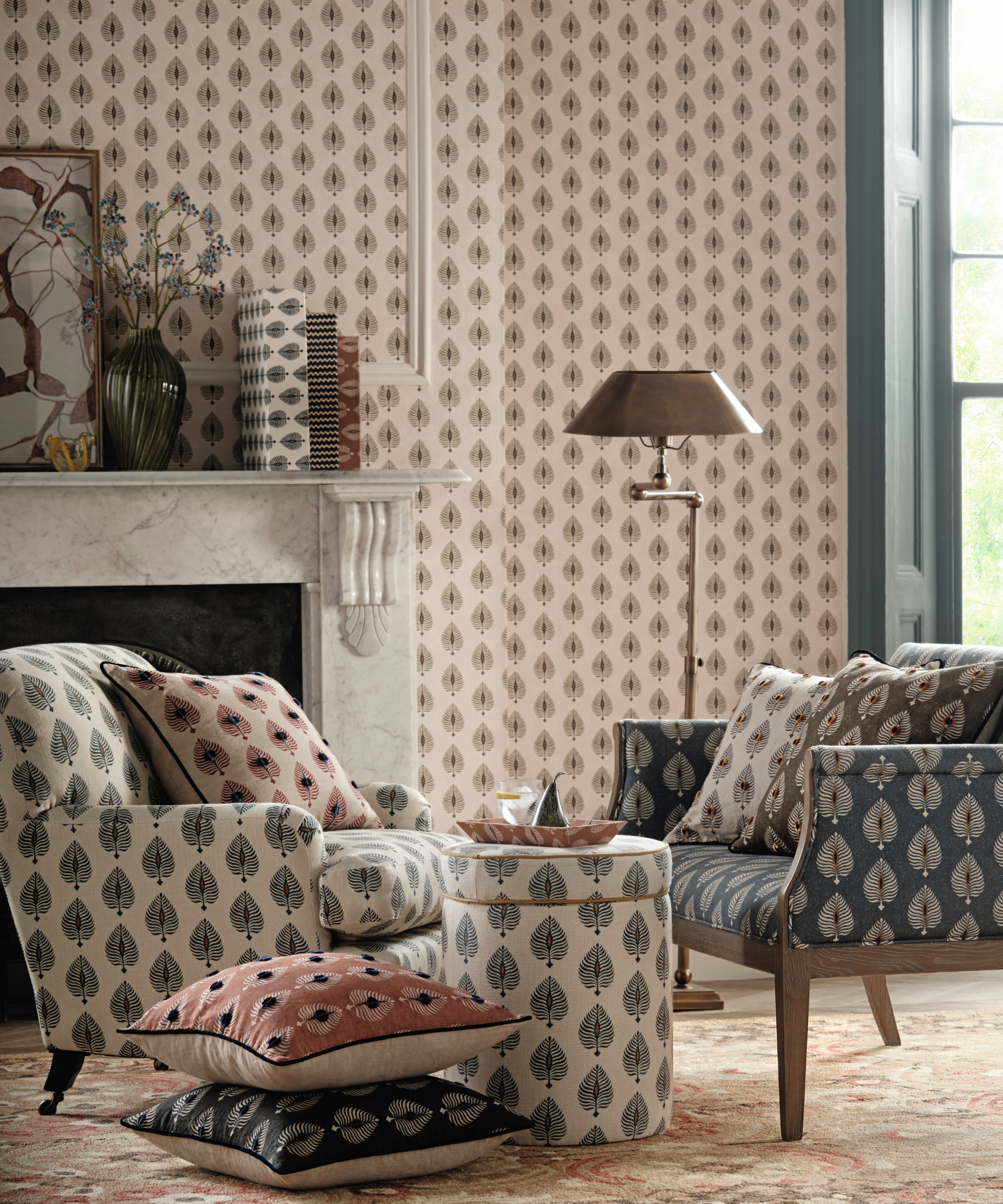 Living room with pattern on walls and furniture