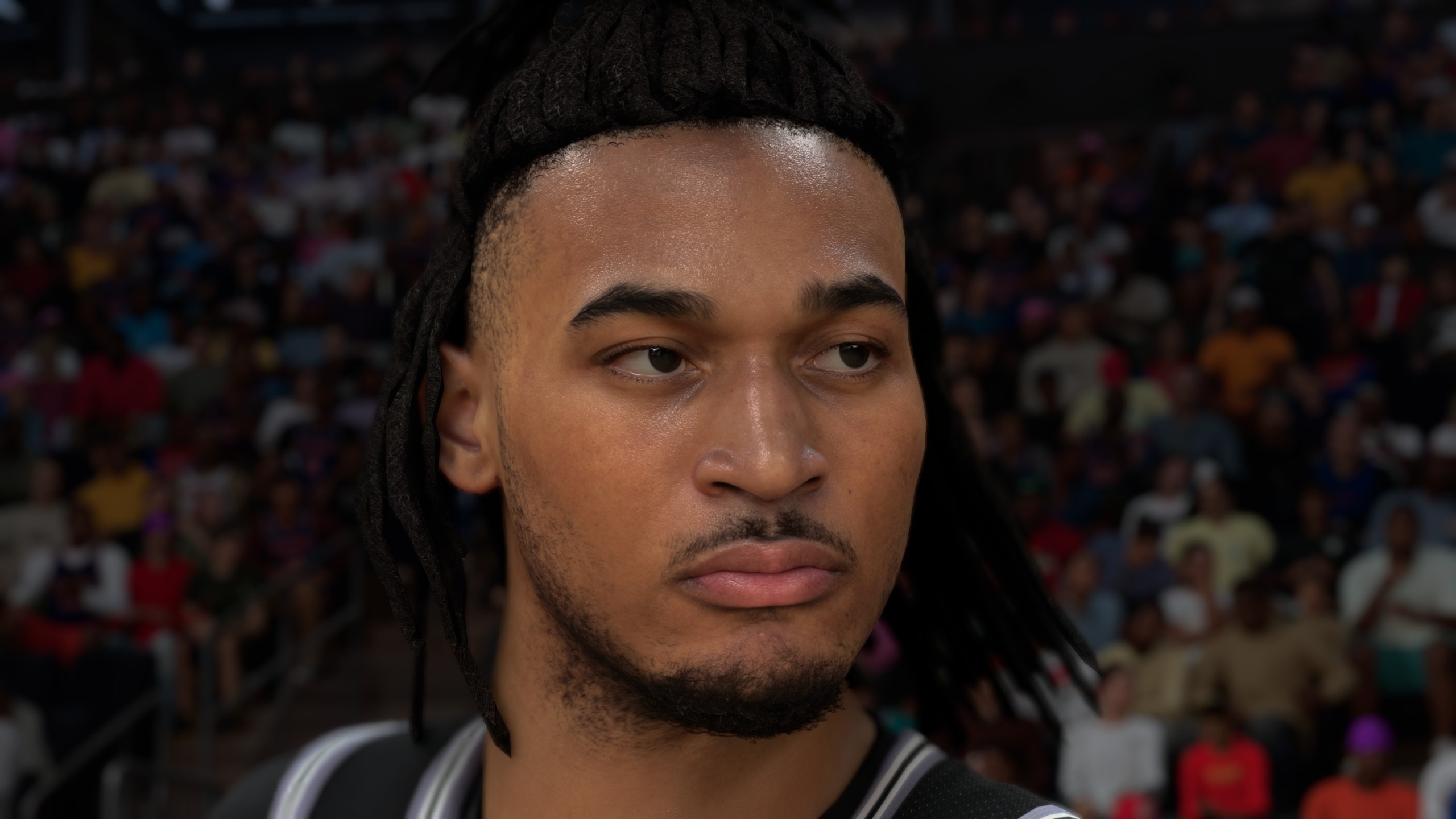 A close up of a player in NBA 2K27 with DLSS 5 AI-enhanced graphics