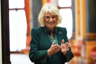 Queen Camilla during a reception for winners of the Queen's Commonwealth Essay Competition, at Buckingham Palace on November 21, 2024 in London, England.