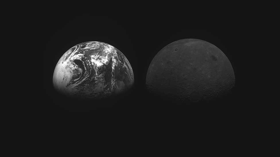 The Earth and moon appear side by side in this mosaic of images from South Korea's Danuri spacecraft.