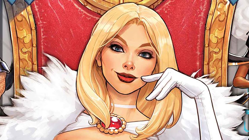 Close up on Emma Frost&#039;s face as she sits on a throne on the cover of Emma Frost: White Queen #1