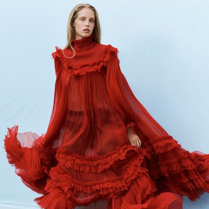 Woman in red frilly dress