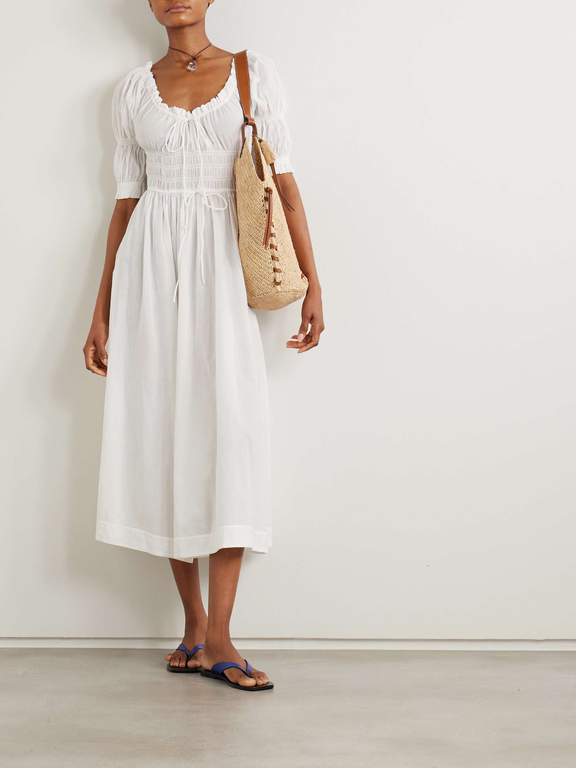 Ischia Shirred Organic Cotton-Blend Voile Midi Dress