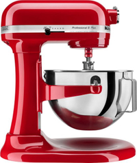 KitchenAid Pro 7-quart bowl lift stand mixer
This machine has a 7-quart bowl, comes with a dough hook, a flat beater, and a whisk attachment, and has 10 speeds from which to choose. It comes in red, silver, or white.