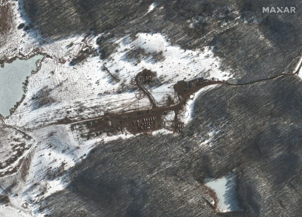 This image, snapped on Feb. 21, 2022, by Maxar&rsquo;s Worldview-3 satellite, shows an overview of new deployments in a clearing southwest of Belgorod.
