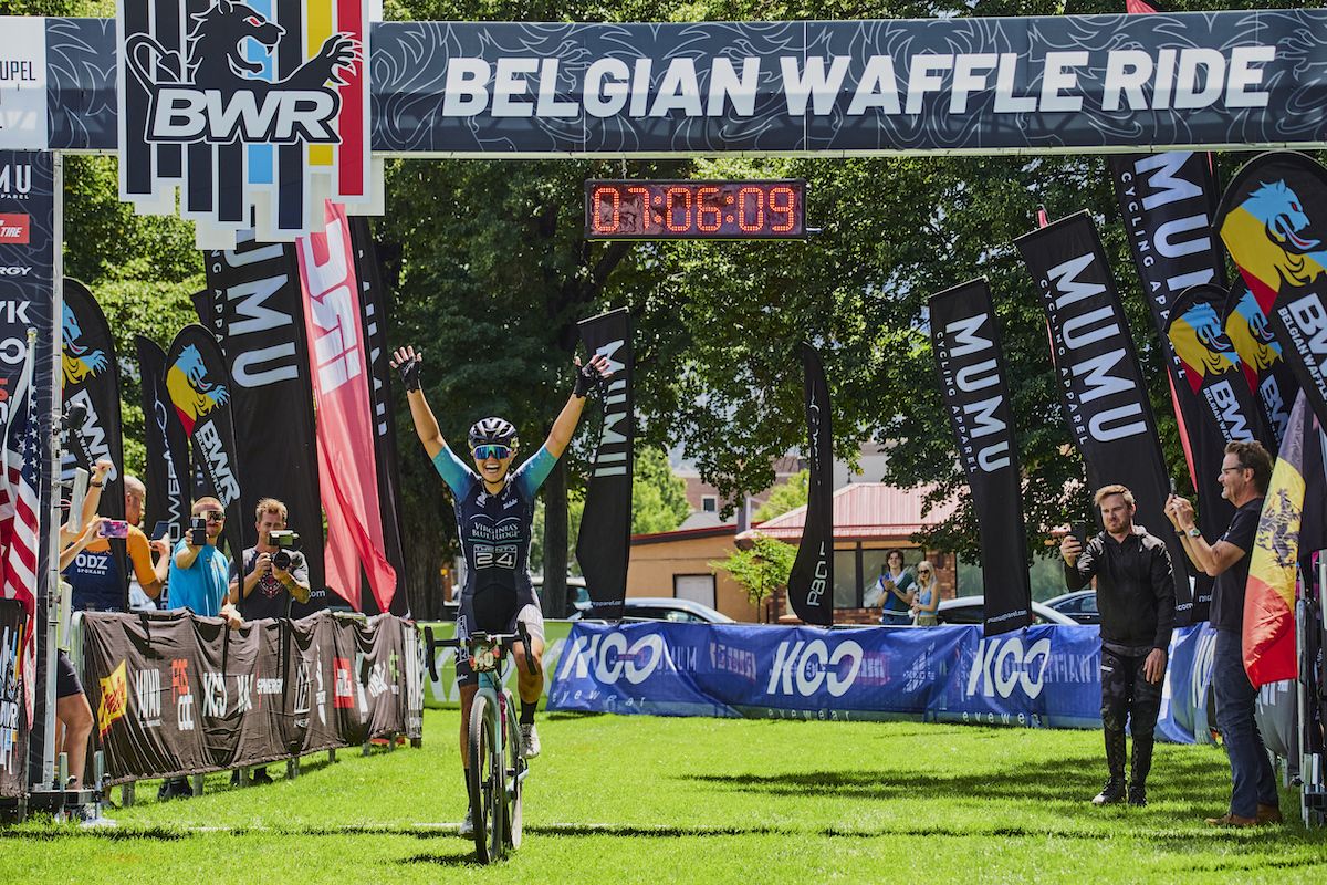 Belgian Waffle Ride Utah 2023: Melisa Rollins celebrates victory as she crosses the line