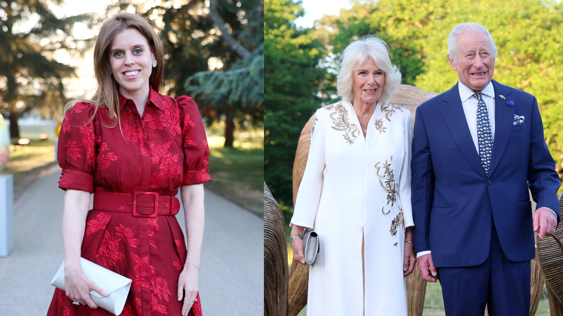 Princess Beatrice wearing a red dress next to King Charles and Queen Camilla