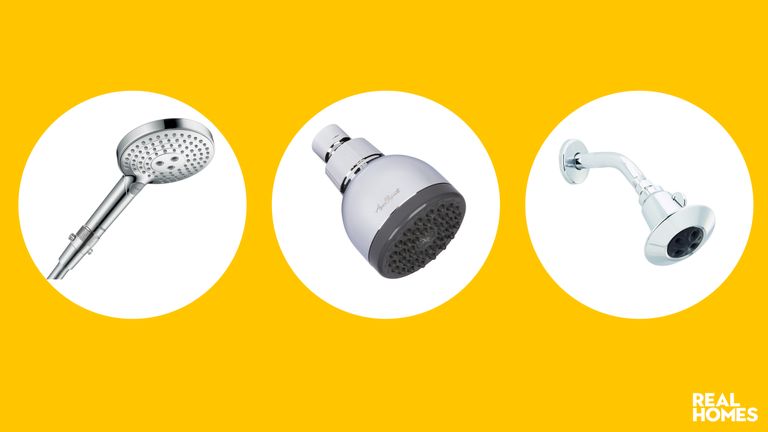 Best high pressure showerheads: Image of different shower heads on yellow background
