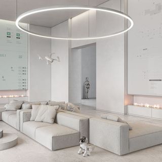 living room with white walls and white sofaset with cushions