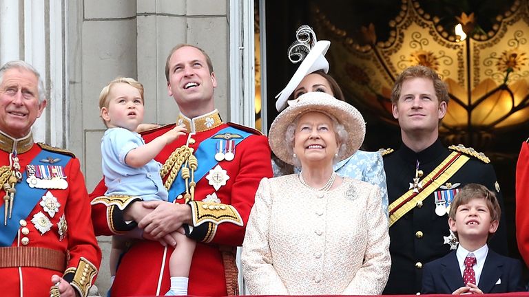 Princess Anne, Princess Royal, Camilla, Duchess of Cornwall, Prince Charles, Prince of Wales, Prince William, Duke of Cambridge, Prince George of Cambridge, Catherine, Duchess of Cambridge, Queen Elizabeth II, Prince Harry, James, Viscount Severn and Prince Philip, Duke of Edinburgh stand on the balcony of Buckingham Palace during the annual Trooping The Colour ceremony at Horse Guards Parade on June 13, 2015 in London, England.
