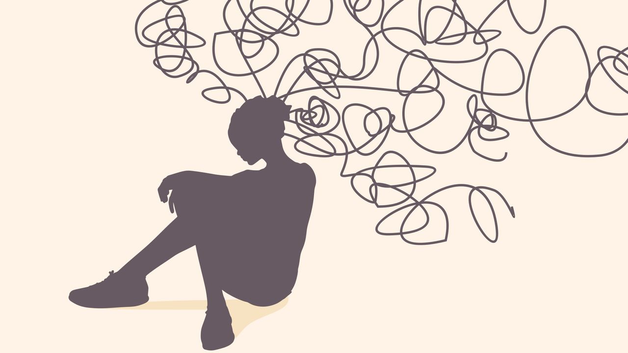 Illustration of woman with tangled nerves, scribbles symbolizing a depressed state of a person.