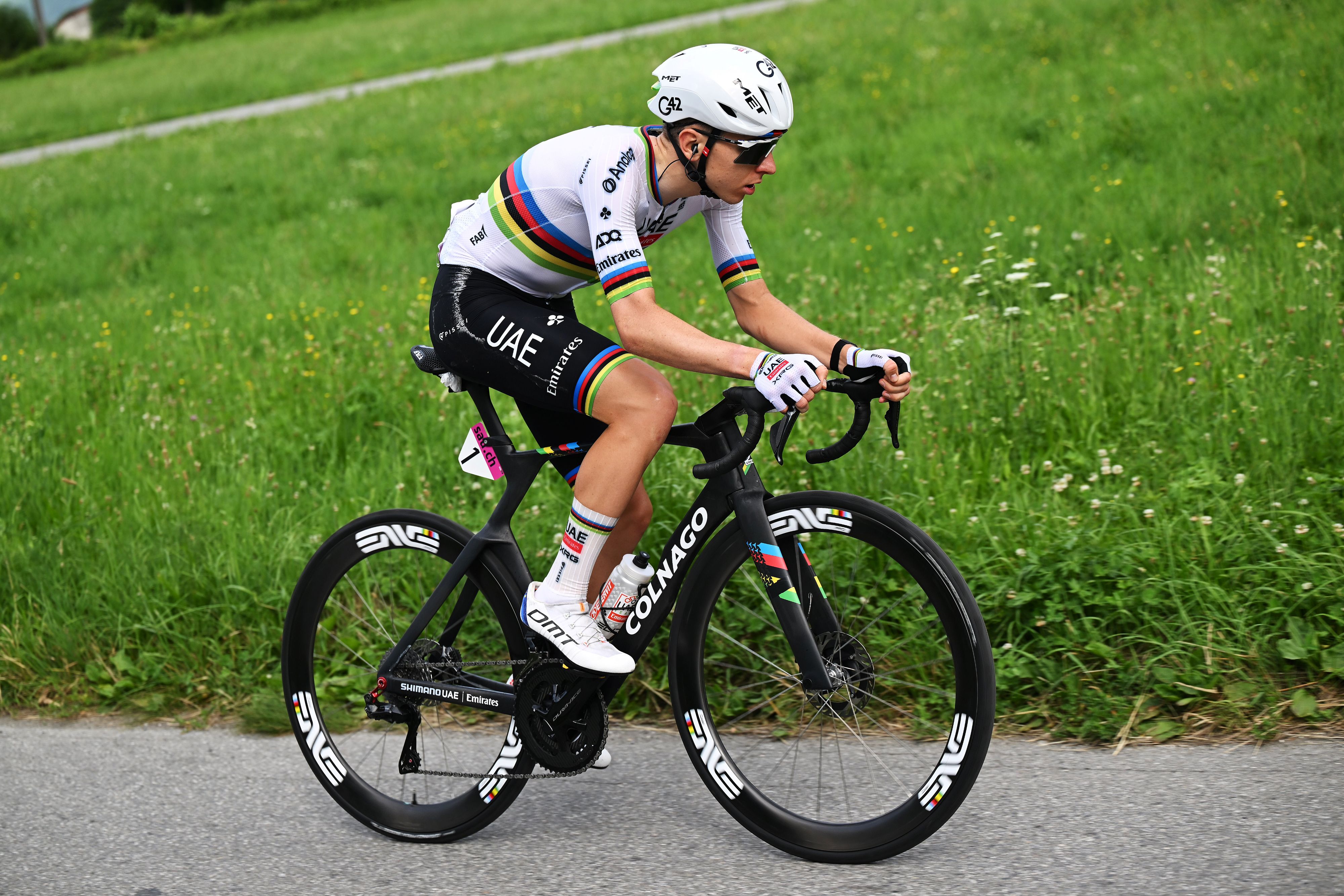 SONDRIO, ITALY - JUNE 17: Tadej Pogacar of Slovenia and UAE Team Emirates - XRG competes in the breakaway during the 89th Tour de Suisse 2026, Stage 1 a 144km stage from Sondrio to Sondrio / #UCIWT / on June 17, 2026 in Sondrio, Italy. (Photo by Tim de Waele/Getty Images)