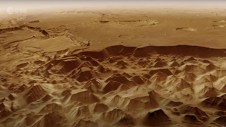 A computer-generated view of a canyon on Mars viewed from above