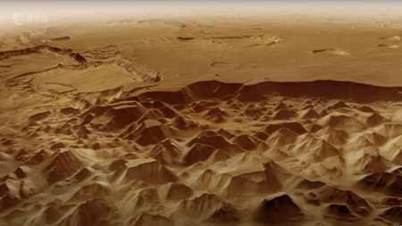 A computer-generated view of a canyon on Mars viewed from above