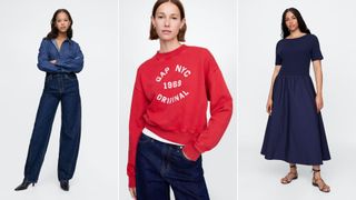 Three models stood against light backgrounds wearing different clothes from Gap