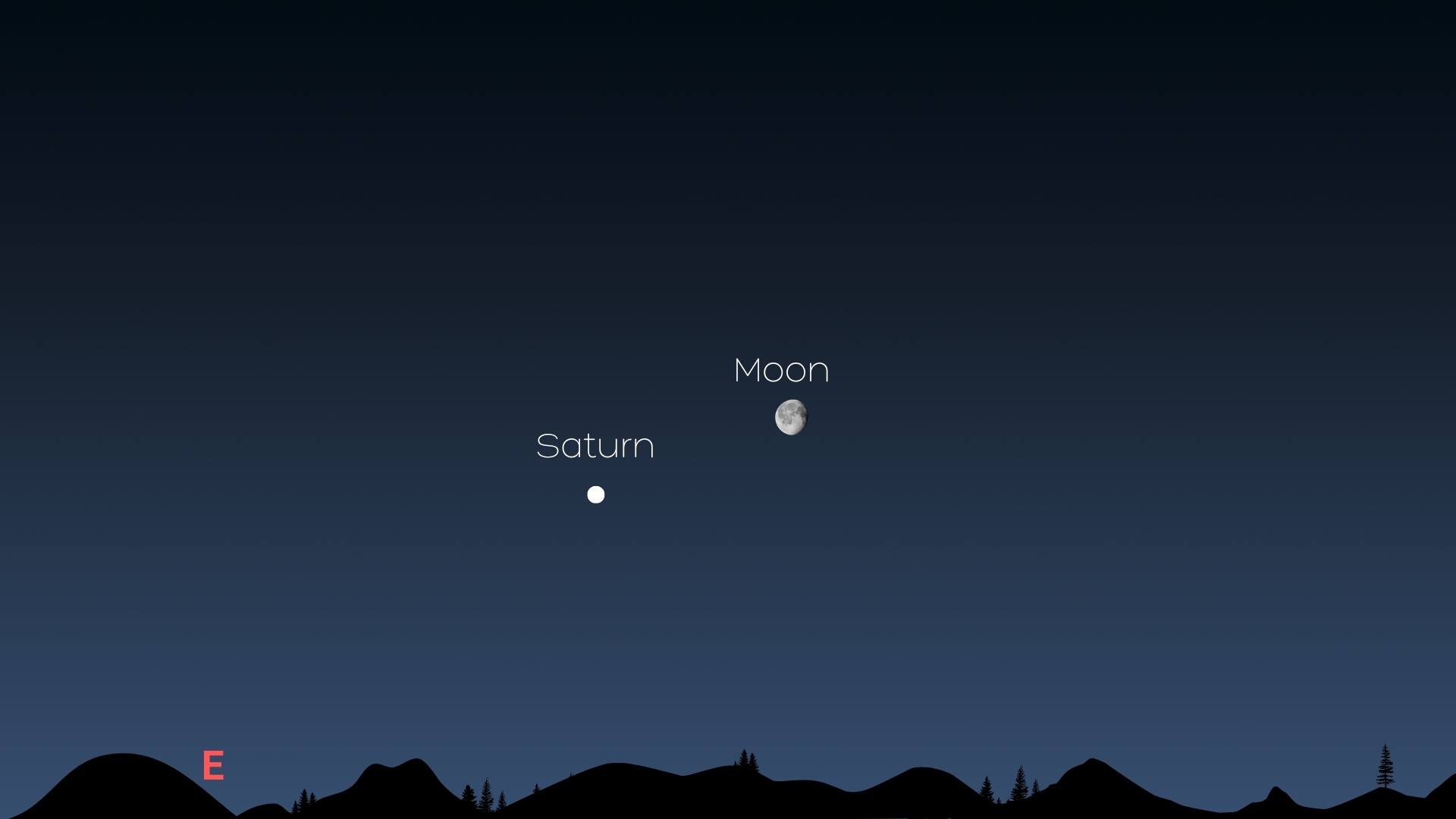 A night sky map showing a labeled white dot as Saturn near a small image of the moon labeled 