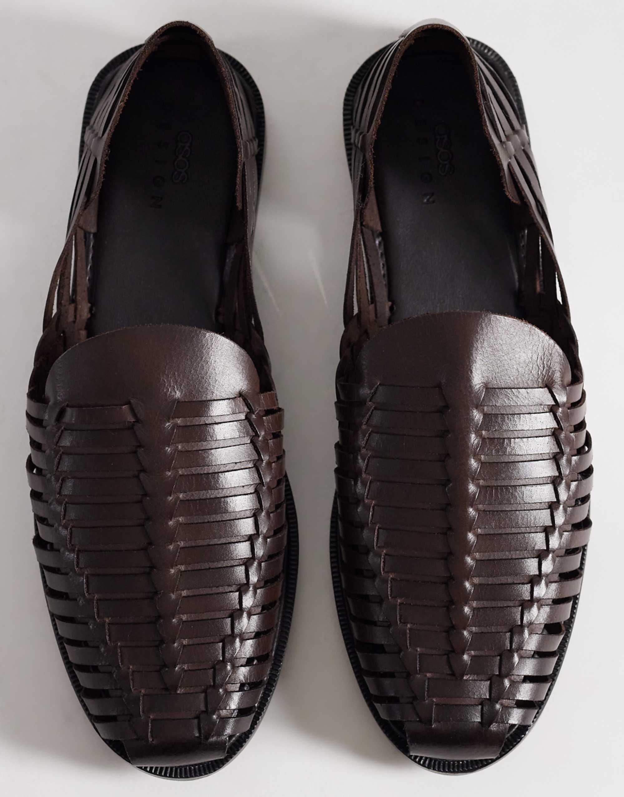 Asos Design Woven Fisherman Sandals in Brown Leather