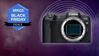 The Canon EOS R8 camera on a purple background with a Space Black Friday badge.