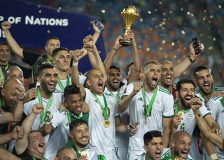 Algeria players celebrate after winning the Africa Cup of Nations in 2019.