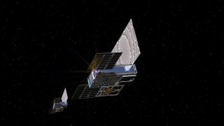 An artist's illustration of the twin Mars Cube One (MarCO) spacecraft deep space. The MarCOs are the first cubesats attempting to fly to another planet.