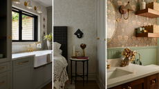 three interiors: the first is a kitchen with sage green cabinetry, the second is a bedroom with soft tan floral wallpaper, a plaid headboard, and a wall sconce, and the third is a bathroom 