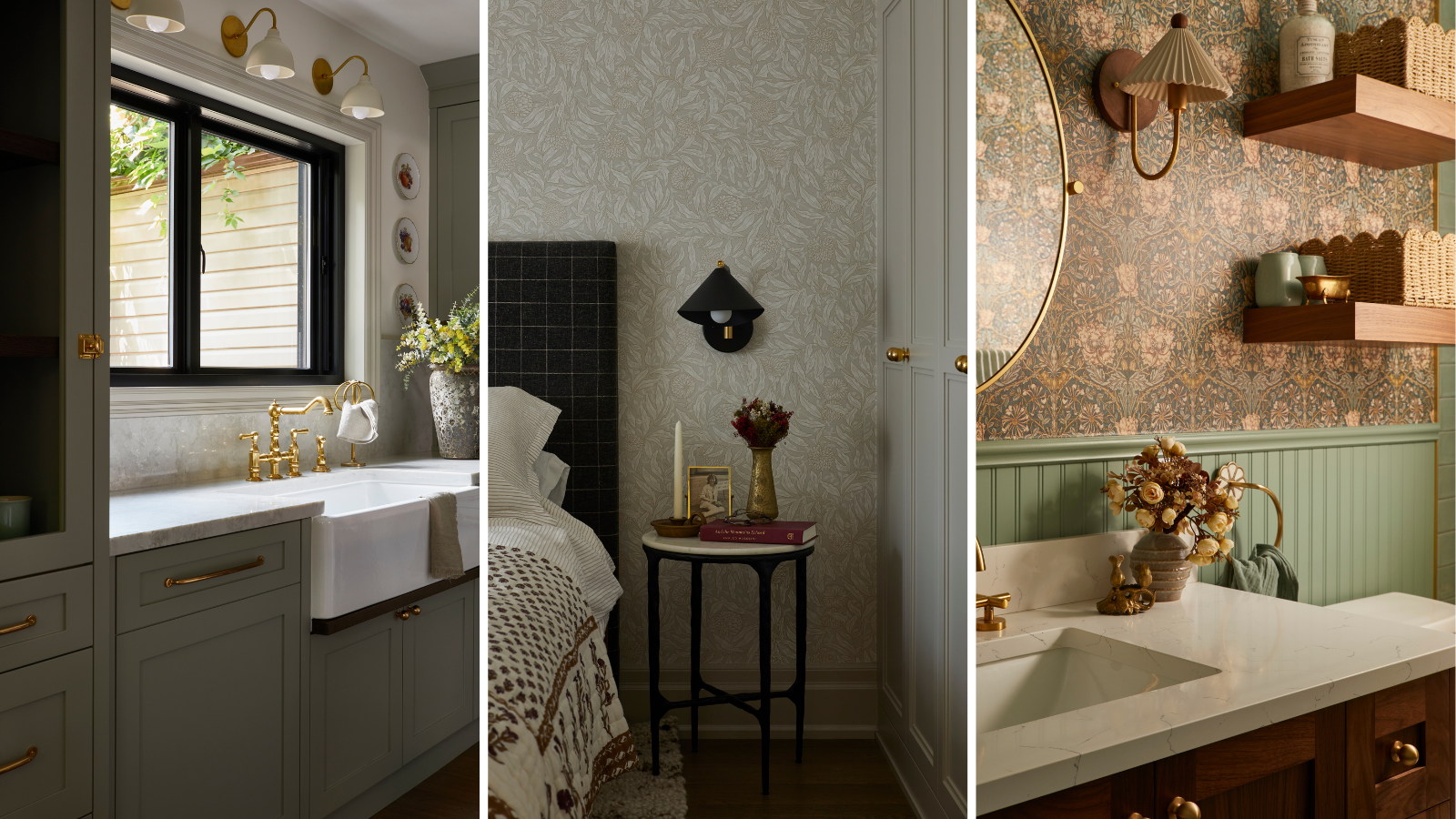 three interiors: the first is a kitchen with sage green cabinetry, the second is a bedroom with soft tan floral wallpaper, a plaid headboard, and a wall sconce, and the third is a bathroom 