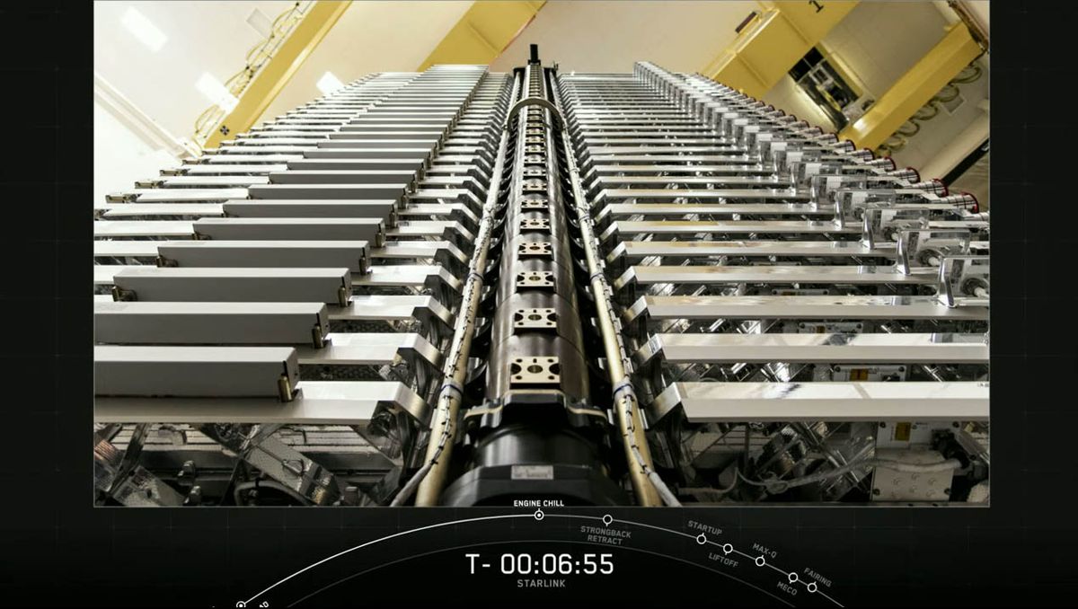 A view of the 60 Starlink satellites stacked for launch on the Starlink-3 mission.