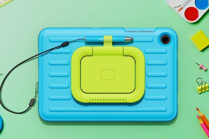 Samsung Galaxy Tab A11+ Kids Edition wrapped in its blue case with a stylus attached to the back