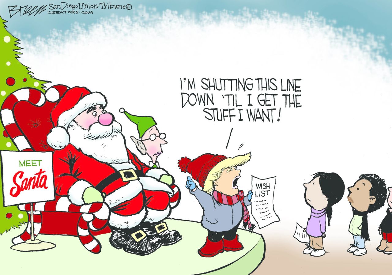 Political cartoon U.S. Trump government shut down wishlist Santa Christmas