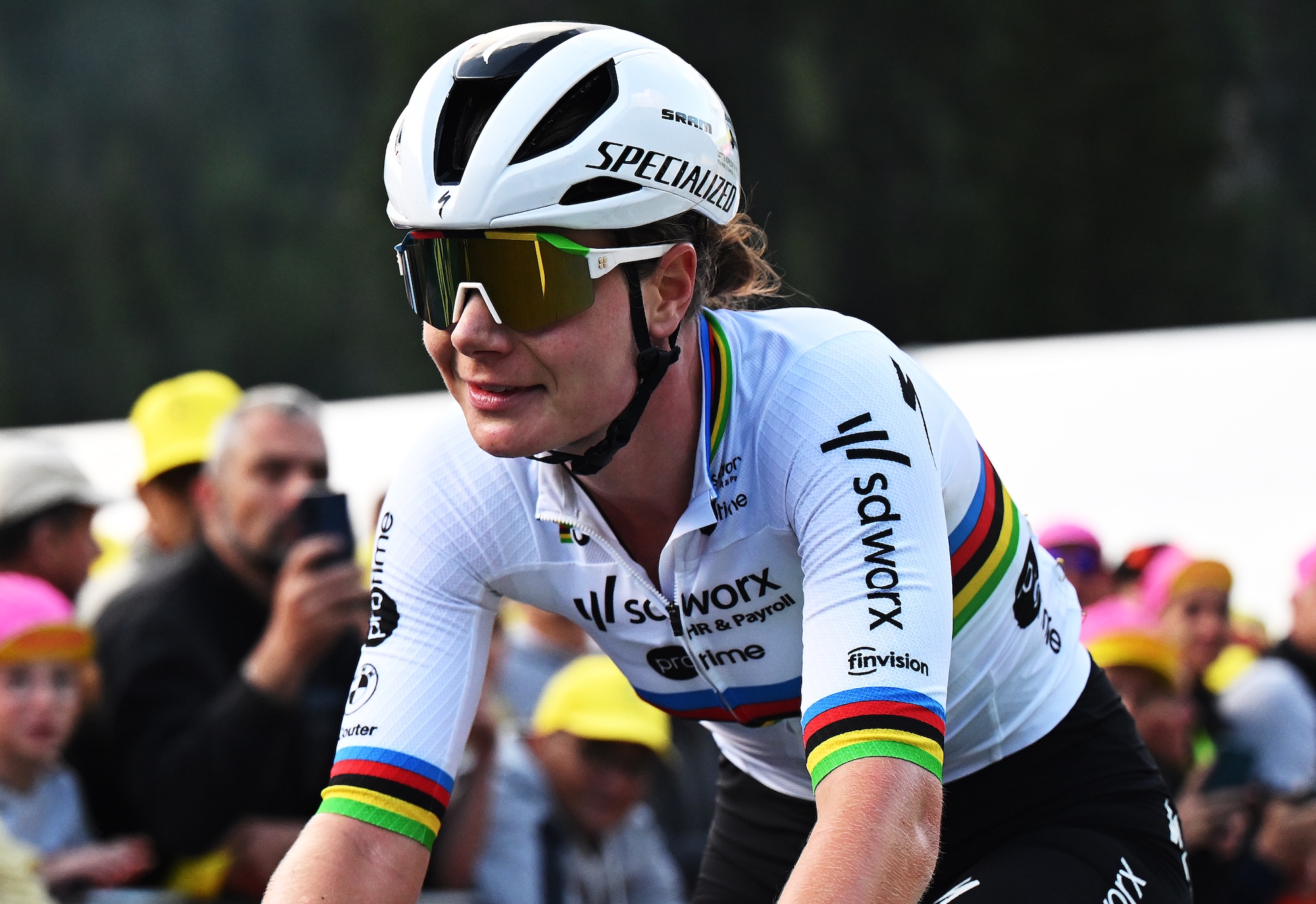 CHATEL LES PORTES DU SOLEIL, FRANCE - AUGUST 03: Lotte Kopecky of Belgium and Team SD Worx - Protime crosses the finish line during the 4th Tour de France Femmes 2025, Stage 9 a 124.1km stage from Praz-sur-Arly to Chatel Les Portes du Soleilon 1298m / #UCIWWT / August 03, 2025 in Chatel Les Portes du Soleil, France. (Photo by Szymon Gruchalski/Getty Images)