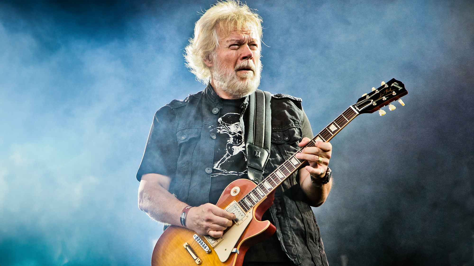 LONDON - JULY 25: Randy Bachman of Bachman &amp;amp; Turner performs on stage at High Voltage Festival in Victoria Park on July 25, 2010 in London, UK. He plays a Gibson Les Paul Standard guitar.