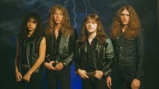 Metallica pose in front of a backdrop of lightning in 1985
