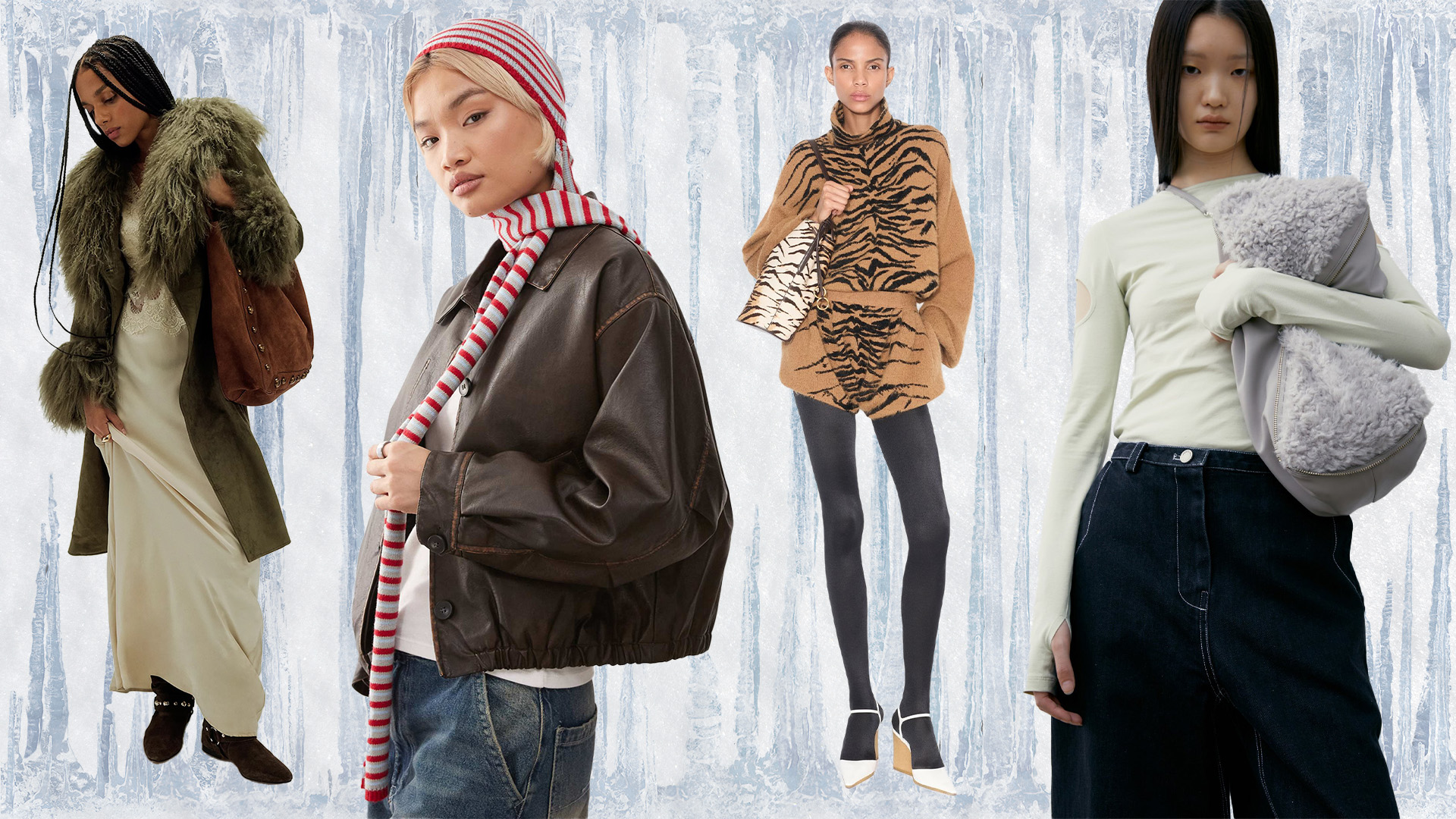 Collage of models wearing chic winter outfits.