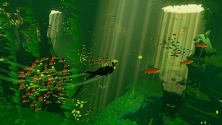Relaxing PC games — a school of fish follows behind the player character's fins as they swim through a kelp forest in Abzû.