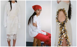 Diotima's Spring 2025 collection featuring a lace trimmed dress, a red headscarf paired with a button-down shirt and an embroidered skirt, and a knit dress trimmed in shell-like embellishments