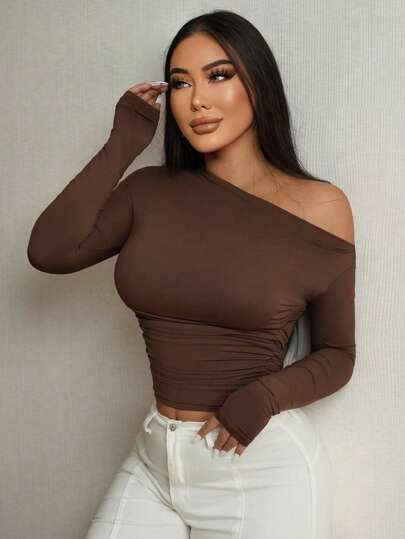 Shein X Sanya Sexy Asymmetrical Neck Ruched Crop Tee